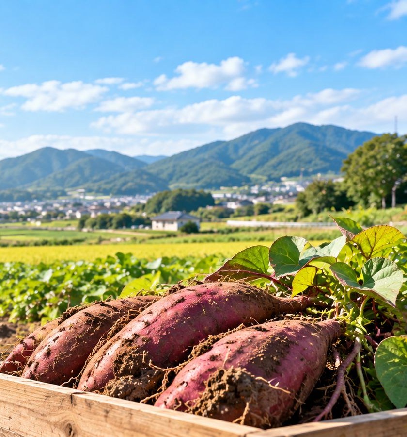さつまいもと田畑のイメージ（当社の農場・収穫物ではありません）