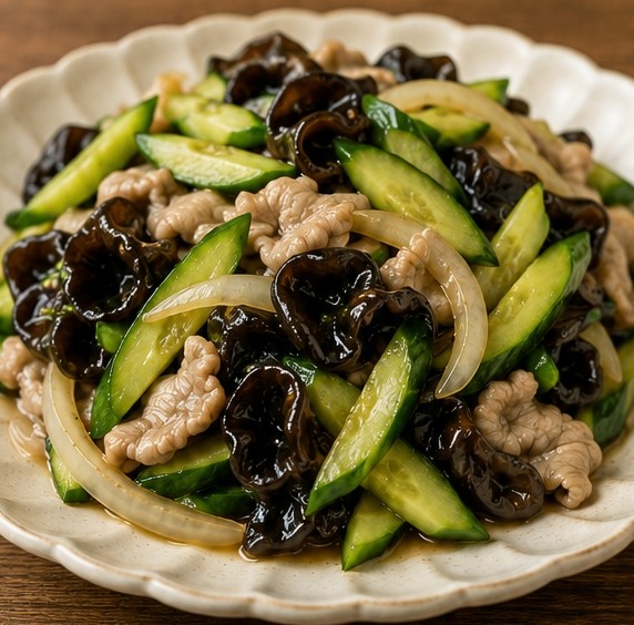 キュウリとキクラゲと豚肉の炒めもの