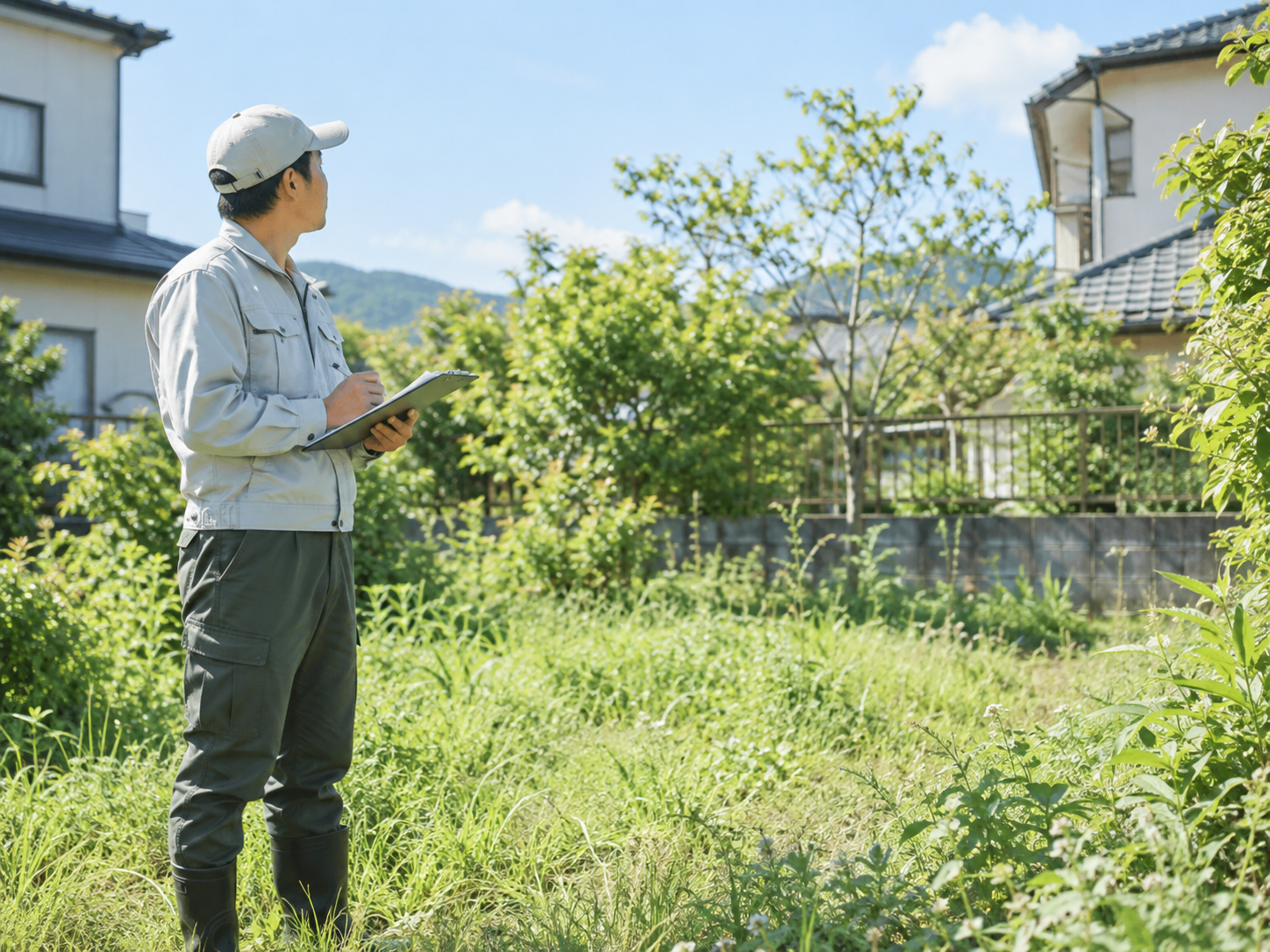 草地を確認してメモを取るイメージ（当社の施工実績ではありません）